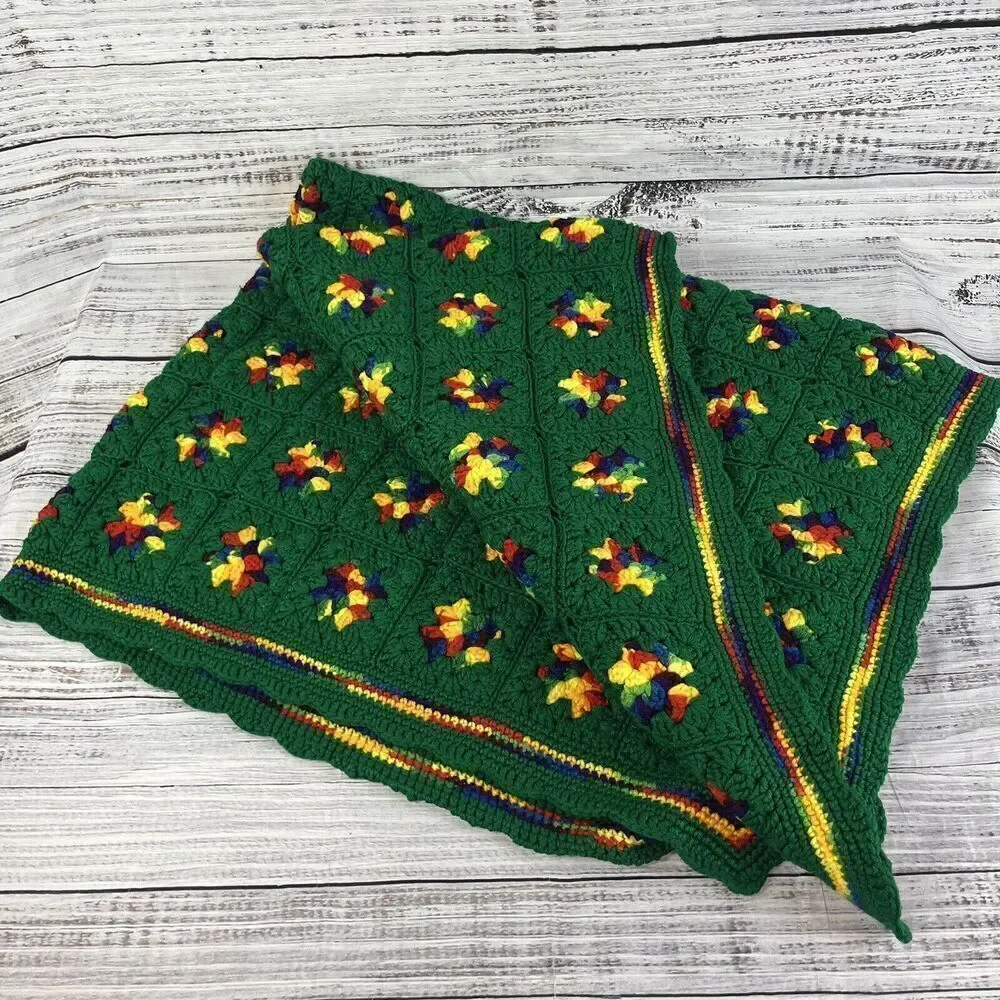 Vintage Rainbow Granny Square Thick Afghan Blanket Crochet 59